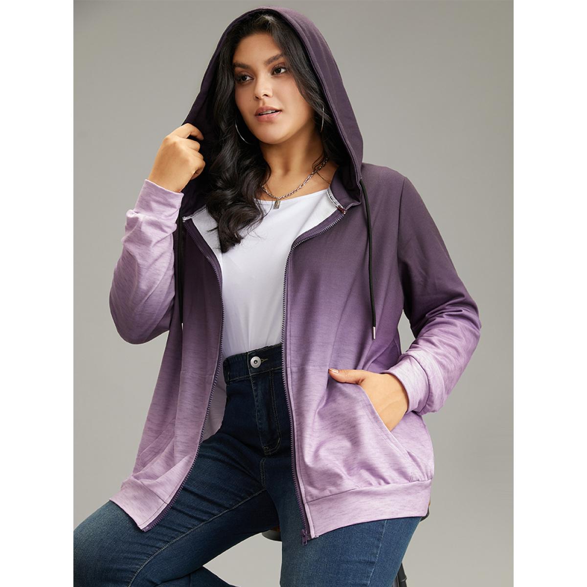Plus Size Ombre Hooded Zipper Drawstring Sweatshirt Women Purple Casual Zipper Hooded Everyday Sweatshirts BloomChic 26/4X Product Image
