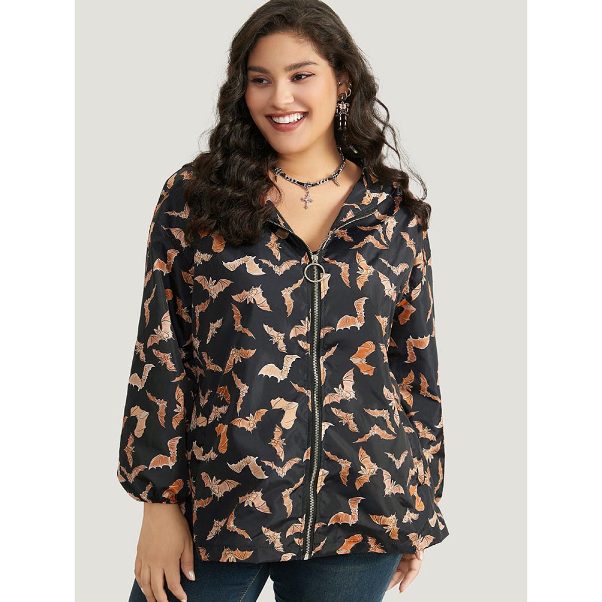 Plus Size Halloween Bat Pattern Zipper Fly Hooded Coat Women Black Elastic cuffs Pocket Dailywear Jackets BloomChic 26/4X Product Image