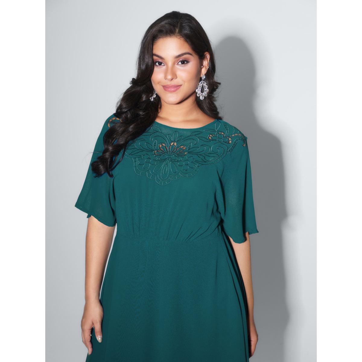 Plus Size Two-Piece Embroidered Cut Out Midi Dress Teal Women Party&Cocktail Round Neck Half Sleeve Curvy BloomChic 26/4X Product Image