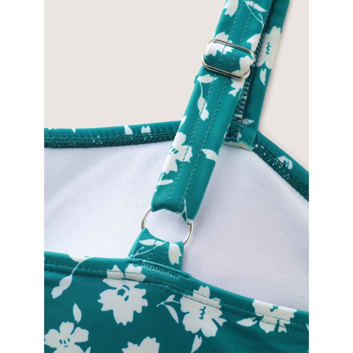 Plus Size Ditsy Floral Ruched Empire Waist Swim Dress Women's Swimwear Teal Resort Bodycon Heart neckline High stretch Curve Swim Dresses BloomChic 26/4X Product Image