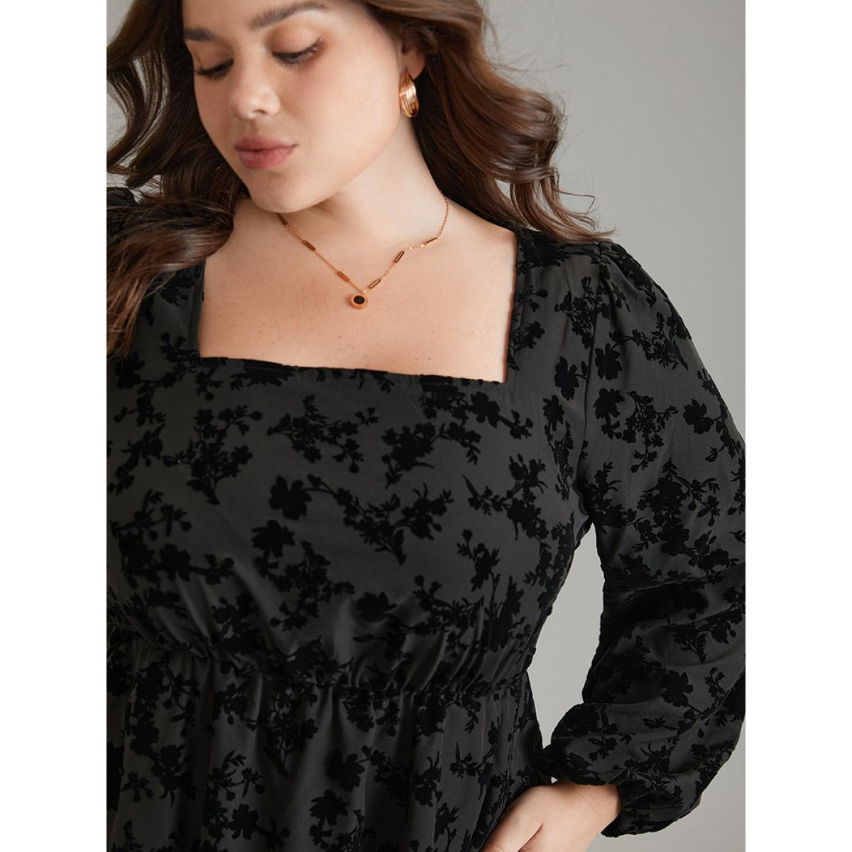 Plus Size Silhouette Floral Print Flocking Square Neck Gathered Dress Black Women Office Elastic cuffs Square Neck Long Sleeve Curvy Midi Dress BloomChic 12/L Product Image