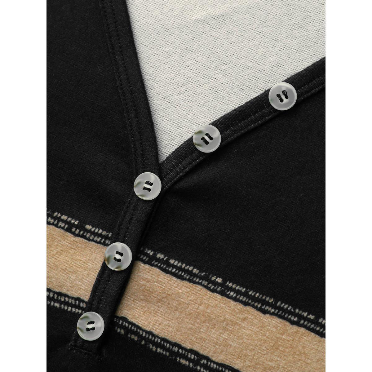 Plus Size Contrast Striped Button Detail T-shirt Black Women Casual Button V-neck Everyday T-shirts BloomChic 10/M Product Image