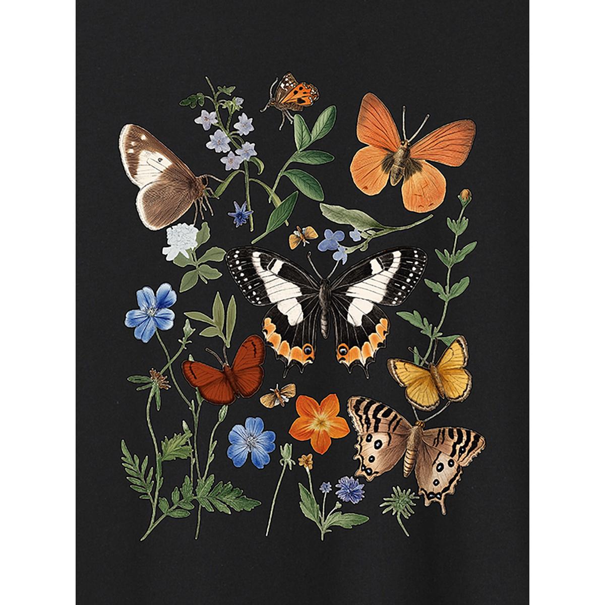 Plus Size Butterfly Garden Print Crew Neck T-Shirt Pureblack Women Non Natural Flowers Round Neck Everyday-Casual T-shirts BloomChic 22-24/3X Product Image