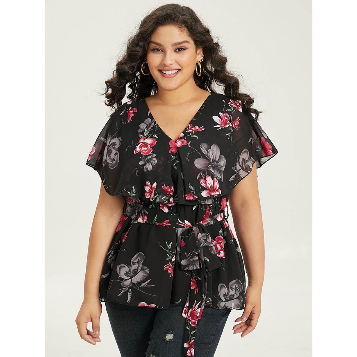 Plus Size Black Floral Split Batwing Sleeve Wrap Mesh Belted Blouse Women Glamour Cap Sleeve Deep V-neck Going out Blouses BloomChic 26/4X Product Image