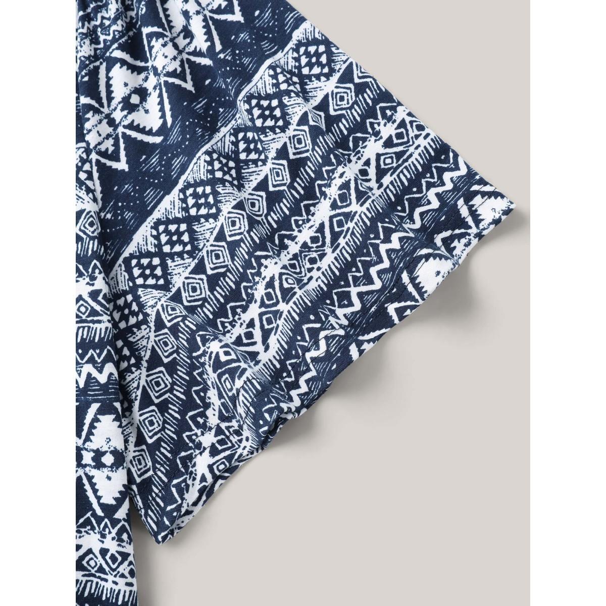 Plus Size Boho Print Square Neck T-Shirt Indigo Women Leisure Gathered Square Neck Casual T-shirts BloomChic 18-20/2X Product Image