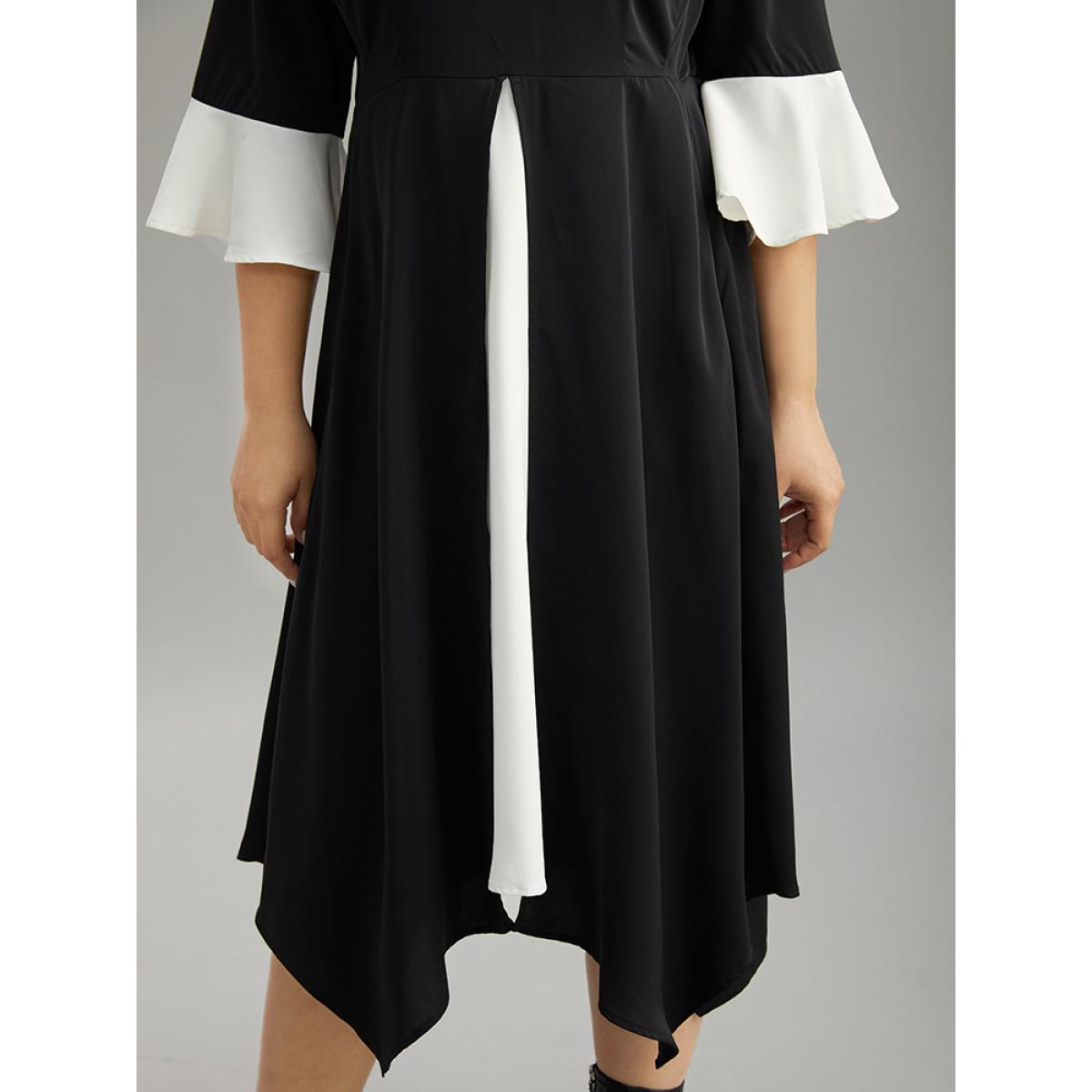 Plus Size Contrast Ruffle Sleeve Hanky Hem Dress Black Women Elegant Patchwork V-neck Elbow-length sleeve Curvy Midi Dress BloomChic 22-24/3X Product Image