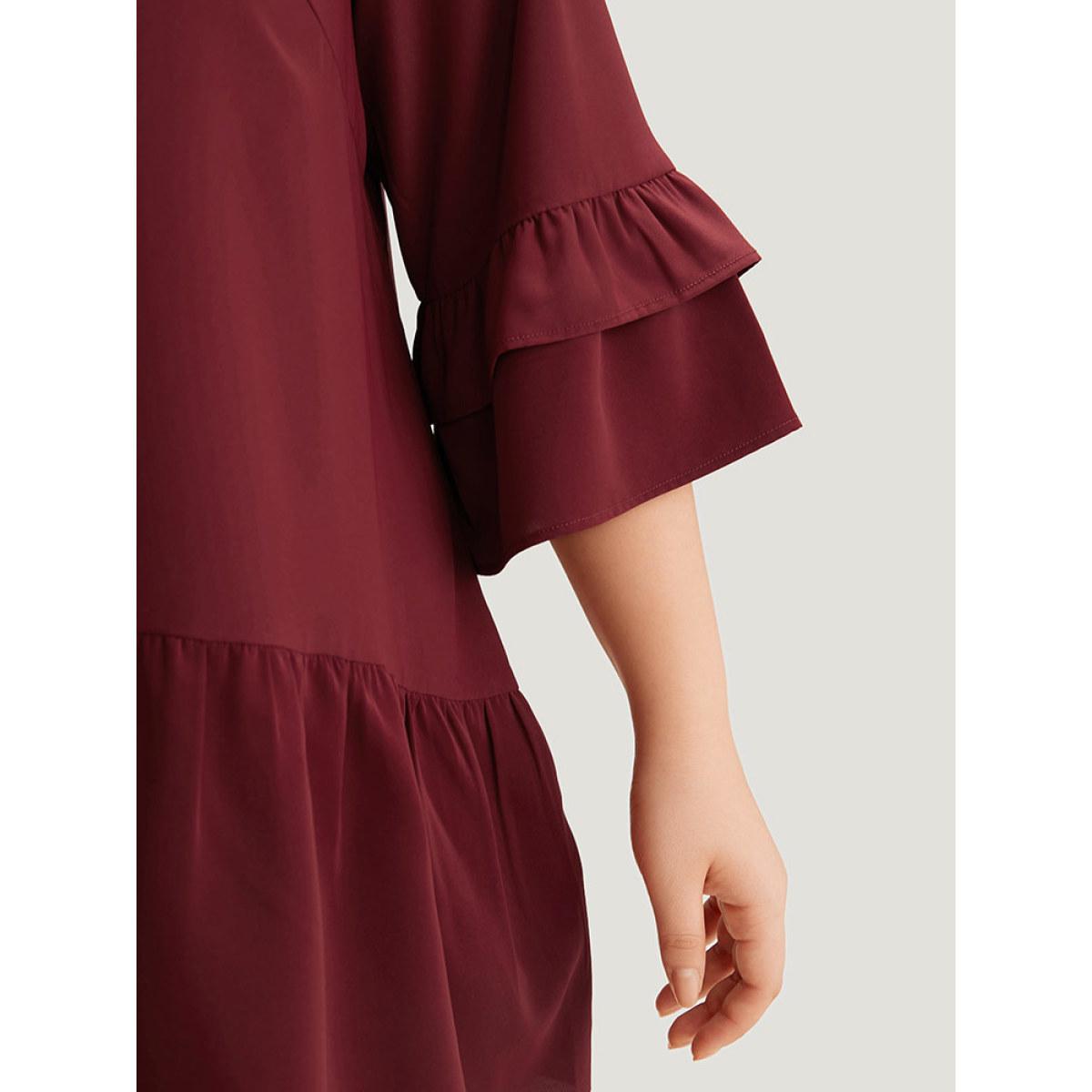 Plus Size Cyan Anti-Wrinkle Plain Ruffle Layered Sleeve Crew Neck Blouse Women Office Half Sleeve Round Neck Work Blouses BloomChic 14-16/1X Product Image