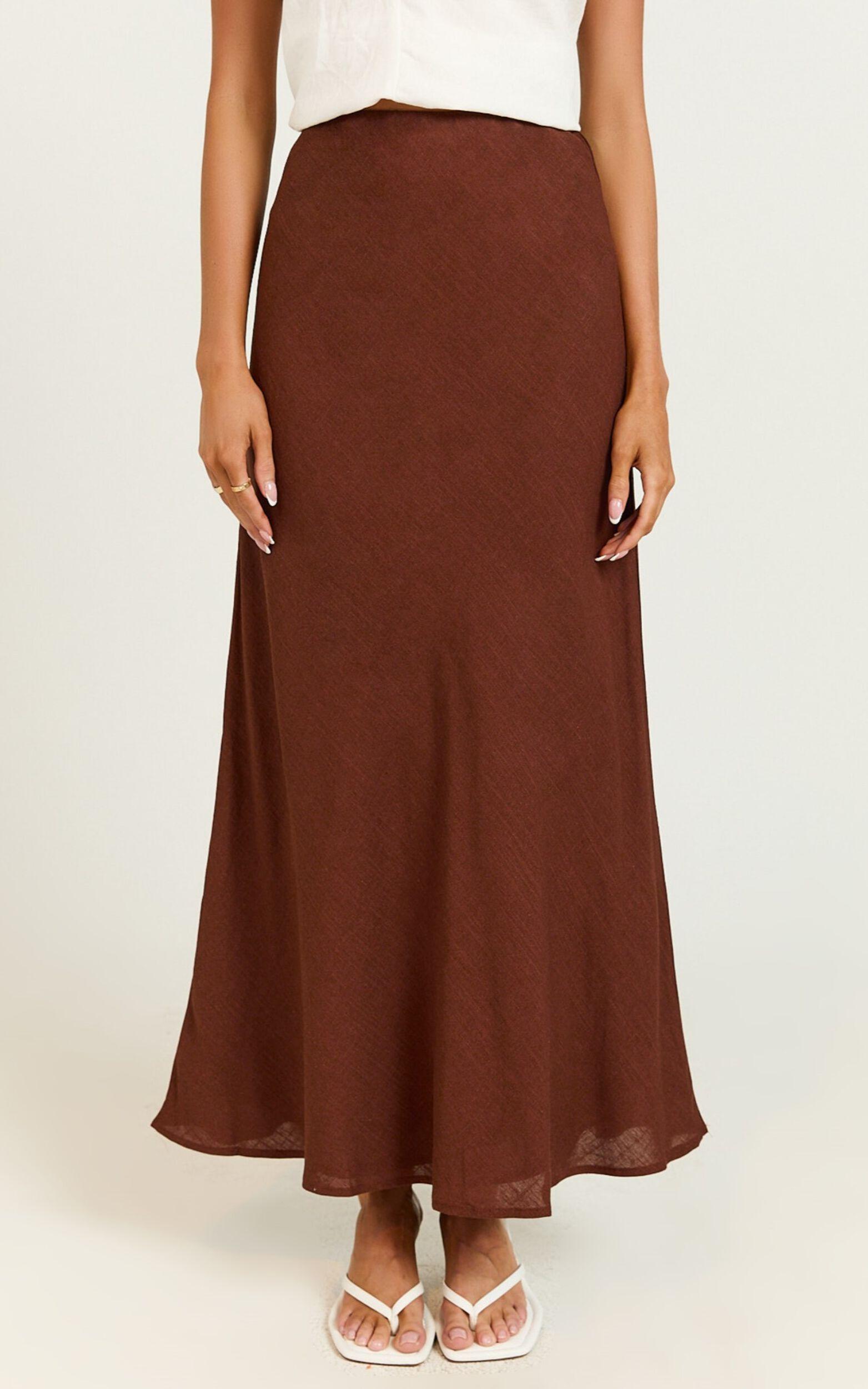 Collins Midi Skirt - Linen Look High Waisted Linen Look Bias Slip Skirt in Chocolate Product Image