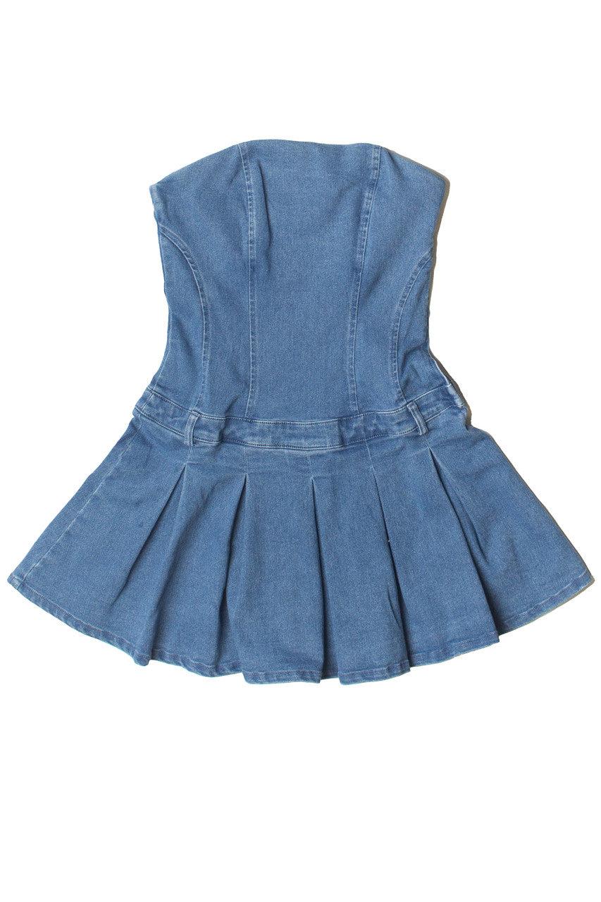 Strapless Denim Pleated Mini Dress Product Image