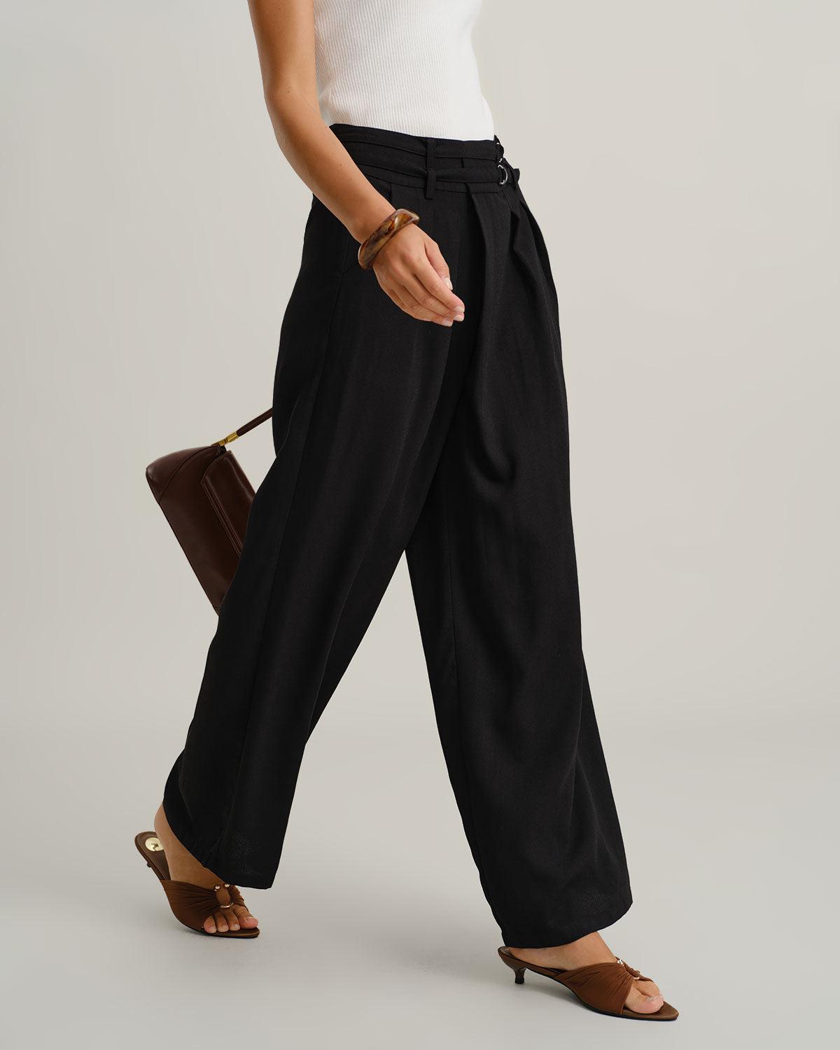 Black Ruched Straight Pants Product Image