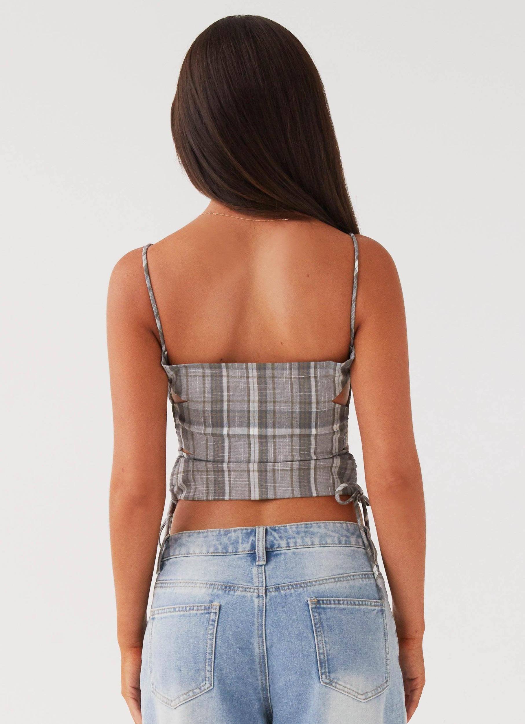 Trista Tie Top - Grey Tartan Product Image