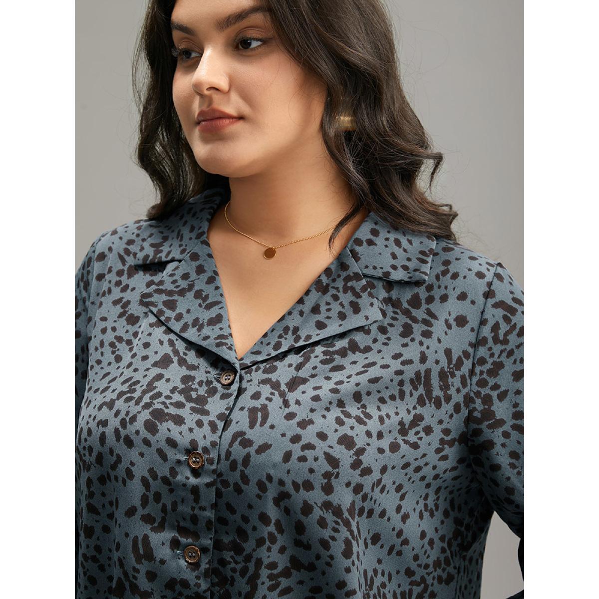 Plus Size Stone Leopard Suit Collar Elastic Cuffs Button Through Blouse Women Office Elbow-length sleeve Suit Collar Office Blouses BloomChic 30/6X Product Image