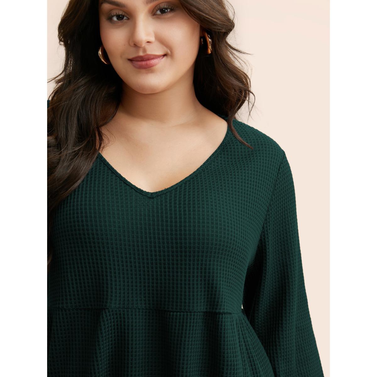 Plus Size Solid Waffle Knit Ruffle Hem T-shirt DarkGreen Women Casual Texture V-neck Everyday T-shirts BloomChic 26/4X Product Image