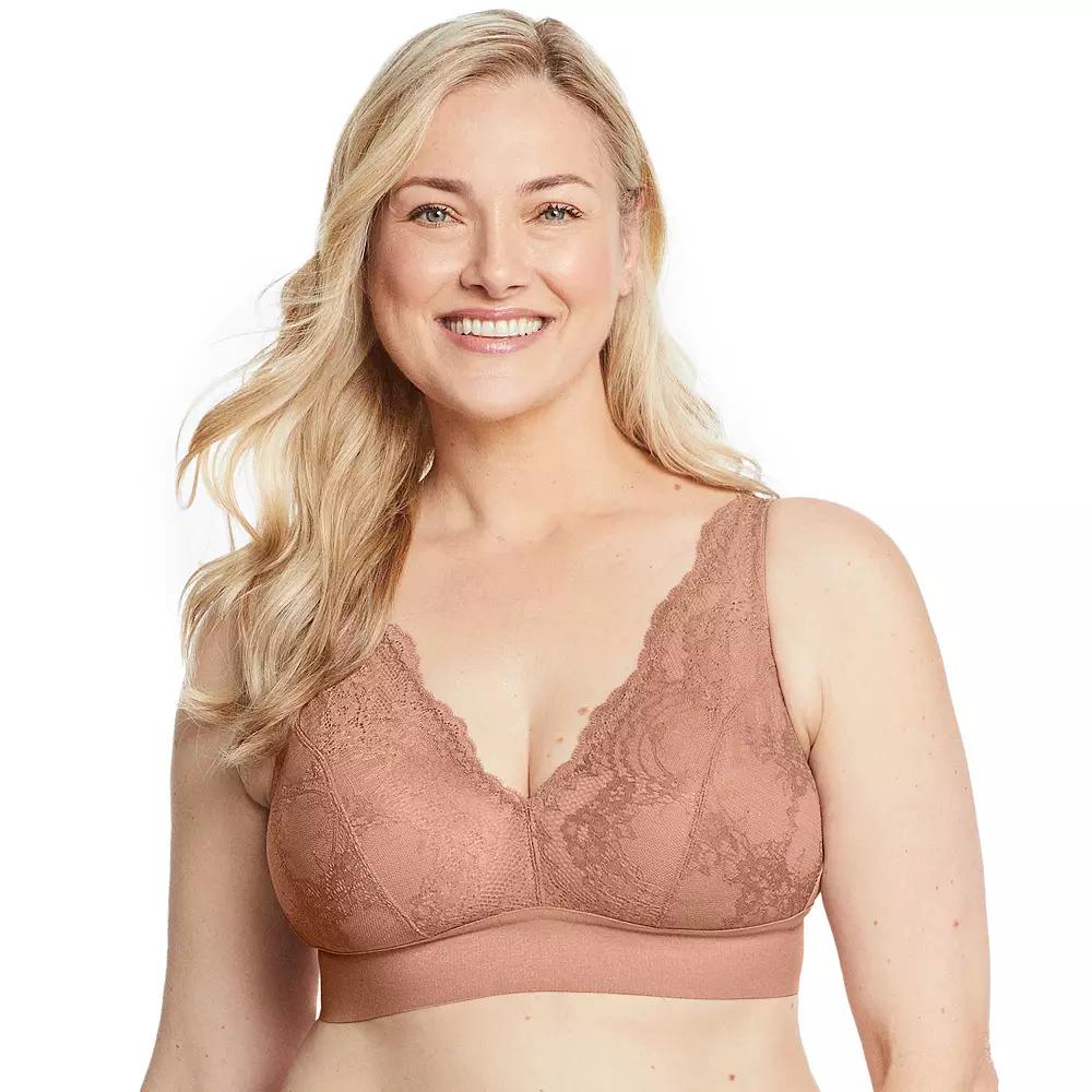 Plus Size Glamorise Full Figure Bramour Lexington Lace Plunge Wireless Bralette 7013, Women's, Size: 40 Dd, Cappuccino Product Image