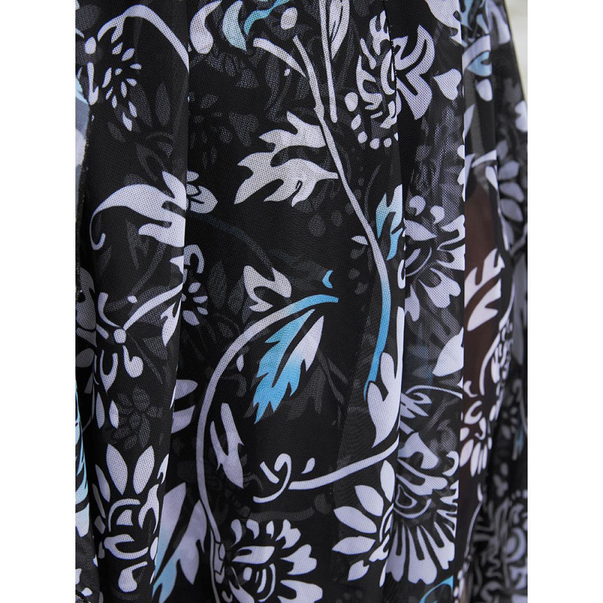 Plus Size Floral Patchwork Gathered Adjustable Straps Swim Dress Women's Swimwear BlackFlower Vacation Bodycon V-neck High stretch Curve Swim Dresses BloomChic 12/L Product Image