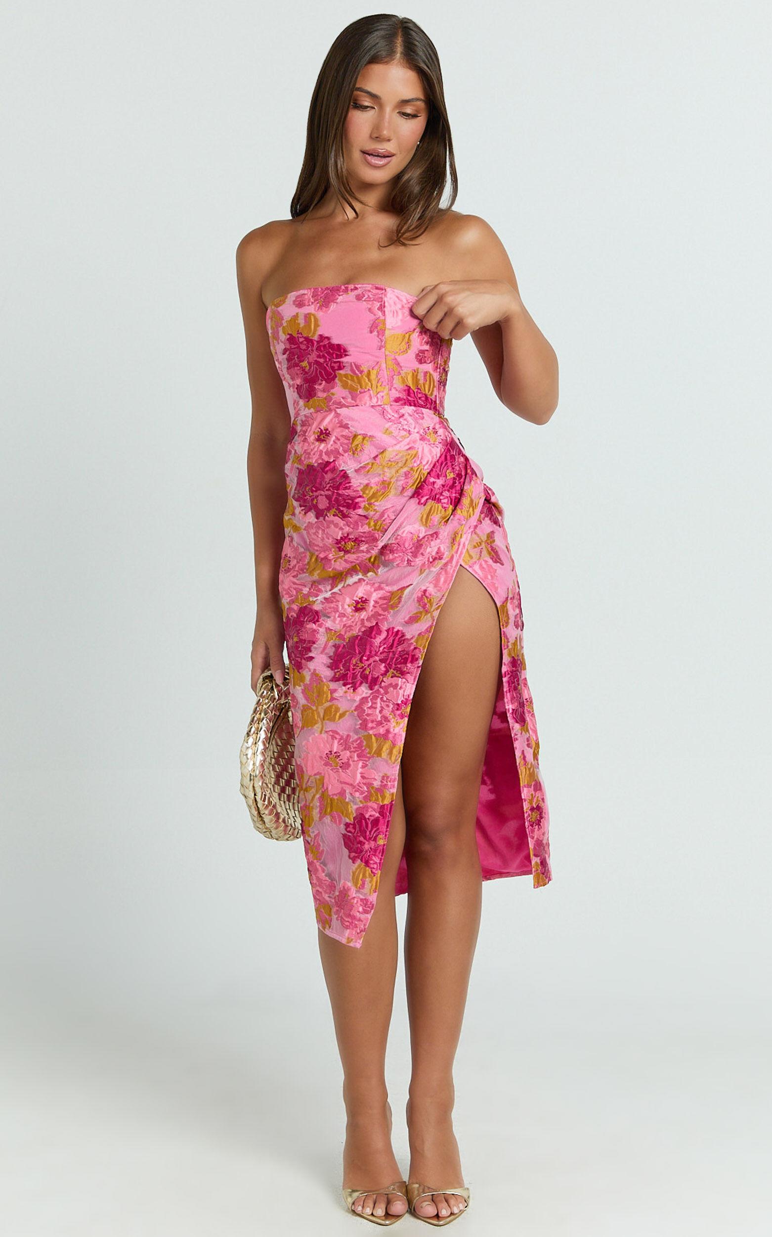 Brailey Midi Dress - Thigh Split Strapless Dress in Pink Jacquard Product Image
