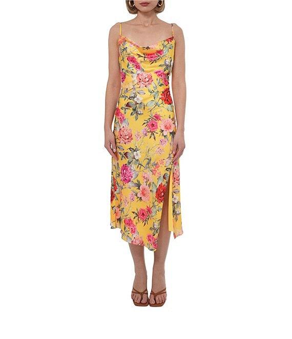 Adelyn Rae Satin Floral Print Cowl Neck Sleeveless Slip Midi Dress Product Image