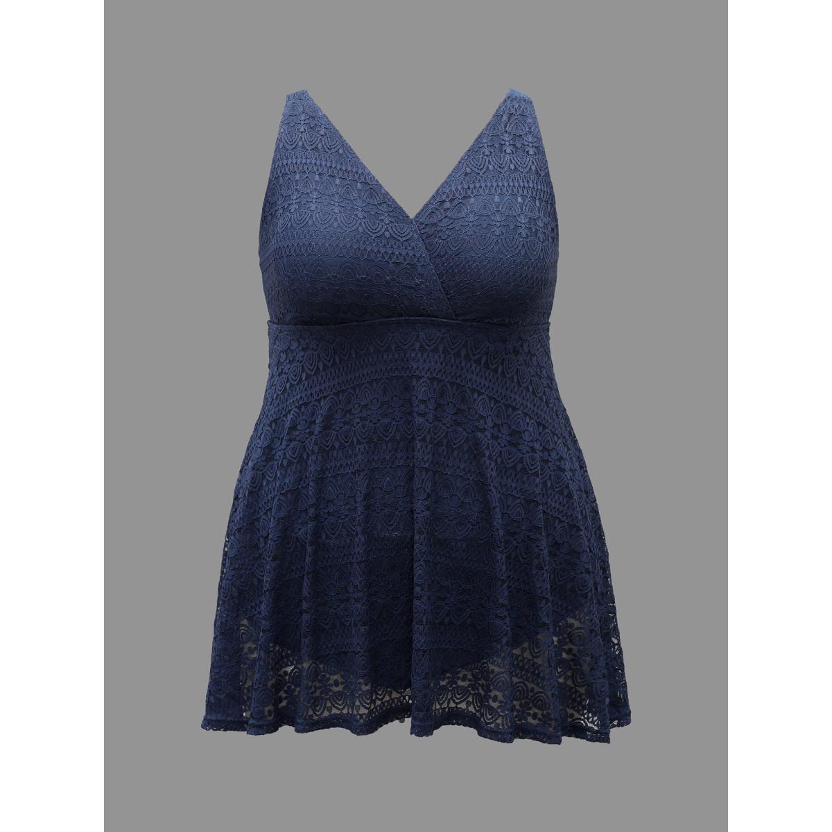 Plus Size Lace Wrap-Neck Adjustable Straps Swim Dress Women's Swimwear Indigo Beach Bodycon Overlap Collar High stretch Curve Swim Dresses BloomChic 26/4X Product Image