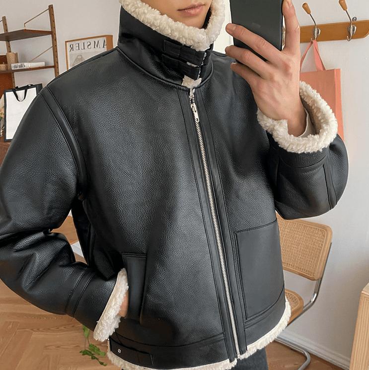 RT No. 2798 BLACK FLEECE COLLAR LEATHER JK Product Image