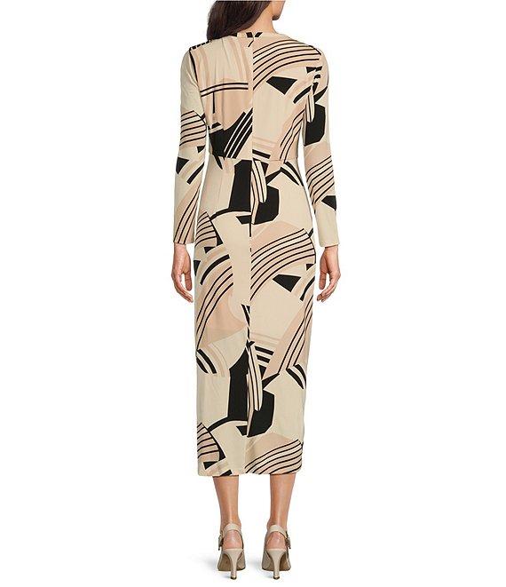 Maggy London Printed Matte Jersey Crew Neck Long Sleeve Ruffle Front Sheath Midi Dress Product Image