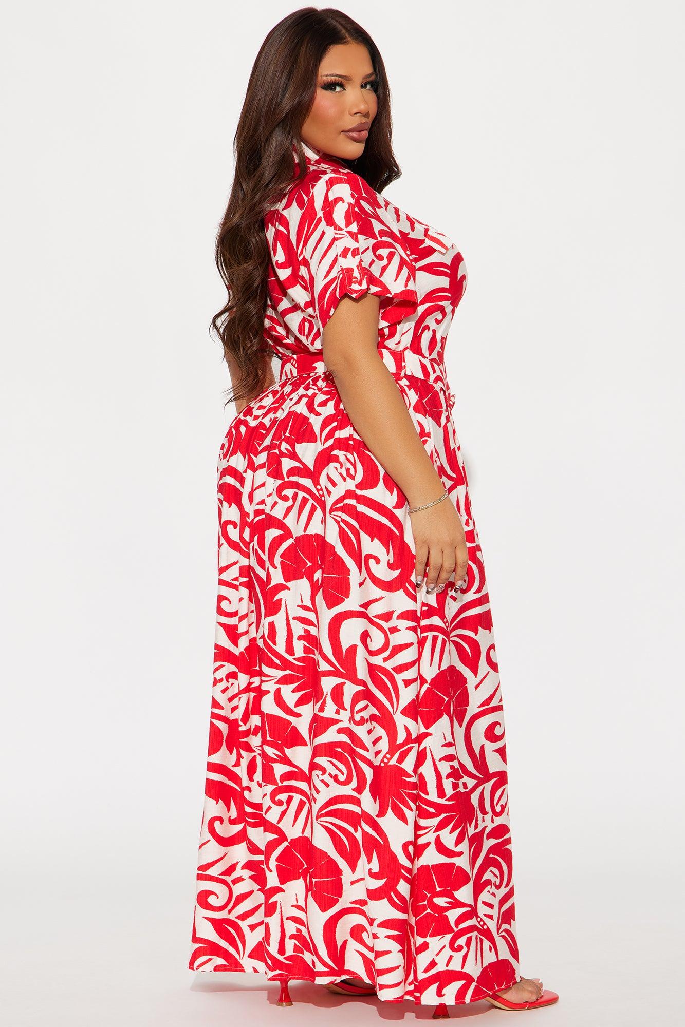 Out Of Office Printed Maxi Shirt Dress - Red/combo Product Image