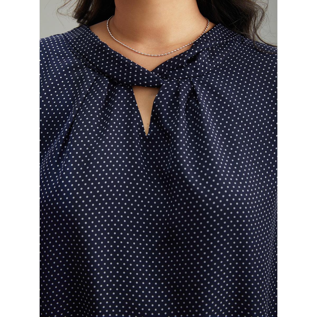 Plus Size Indigo Chiffon Polka Dot Mesh Keyhole Twist Front Blouse Women Office Elbow-length sleeve Round Neck Work Blouses BloomChic 14-16/1X Product Image