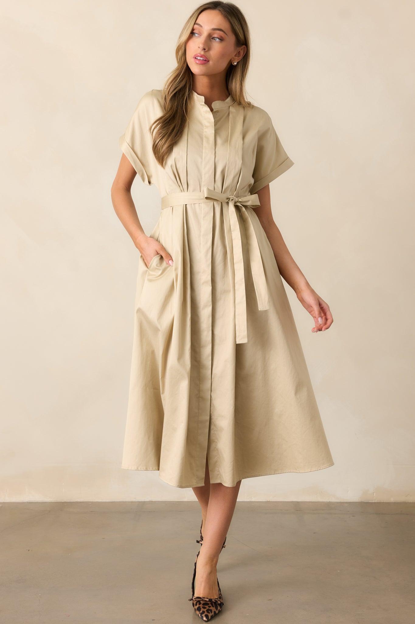 Late Nights Beige Cotton Button Front Midi Dress Product Image