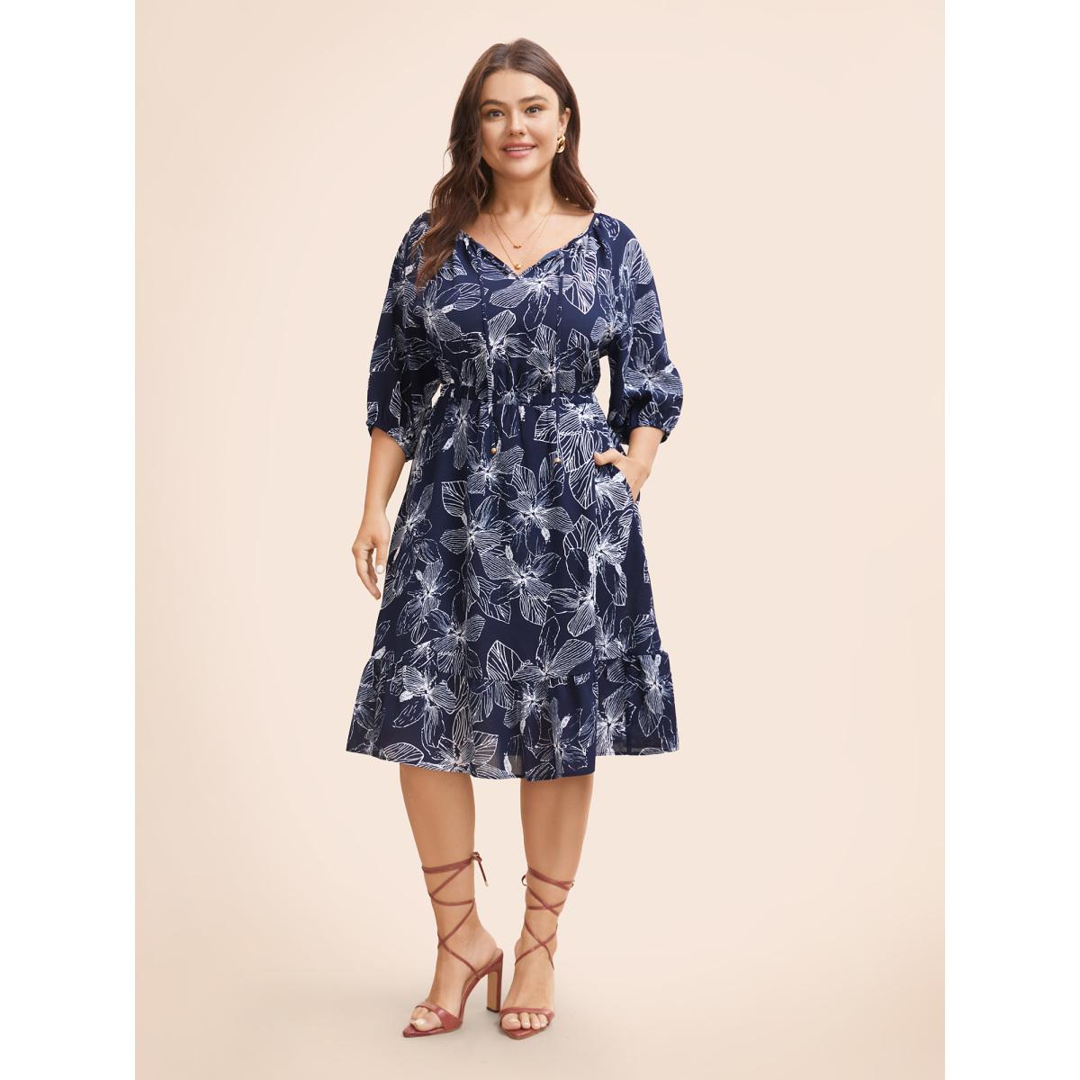 Plus Size Silhouette Floral Print Tie Knot Dress Navy Women Elegant Tie knot V-neck Elbow-length sleeve Curvy BloomChic 30/6X Product Image