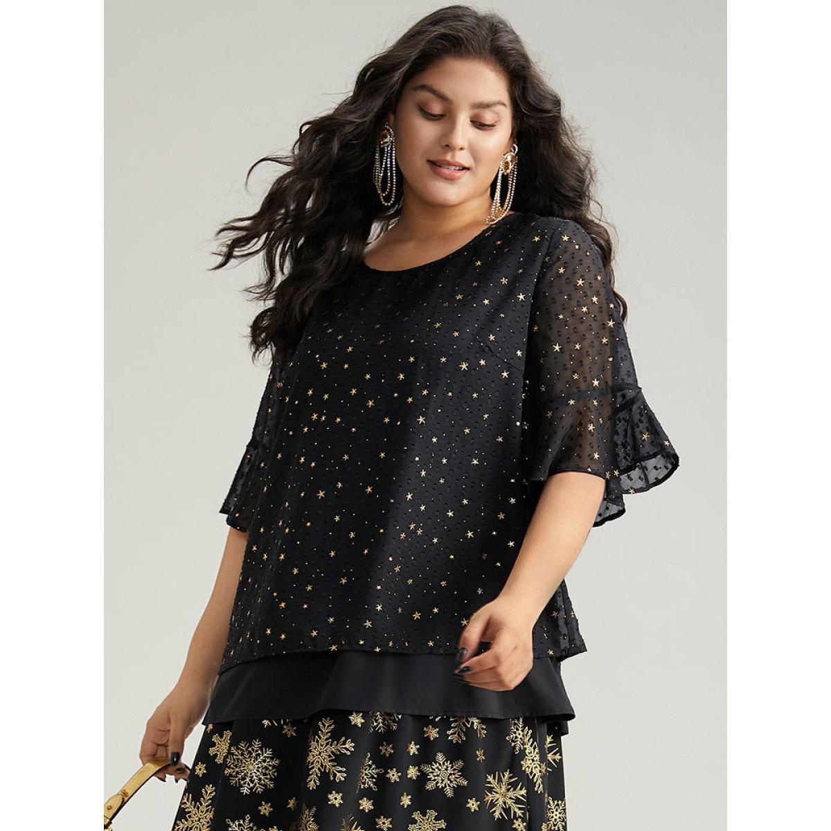 Plus Size Black Star Glitter Flutter Sleeve Mesh Blouse Women Glamour Half Sleeve Round Neck Festival-Christmas Blouses BloomChic 14-16/1X Product Image