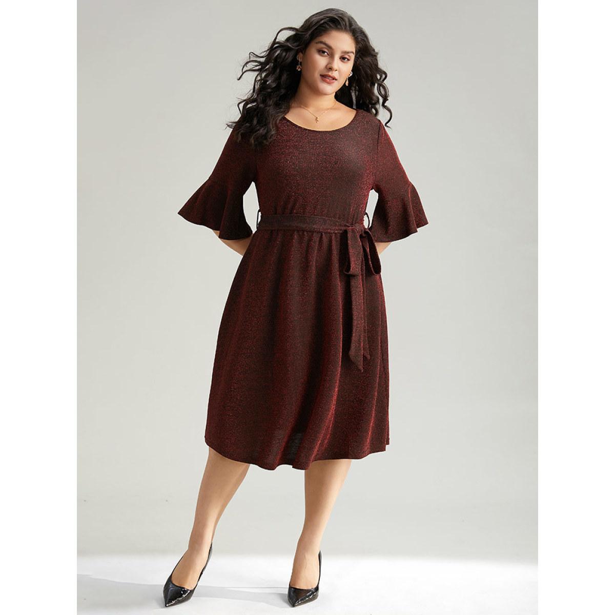 Plus Size Lurex Belted Flutter Sleeve Dress Raspberry Women Elegant Plain Round Neck Elbow-length sleeve Curvy Midi Dress BloomChic 14-16/1X Product Image
