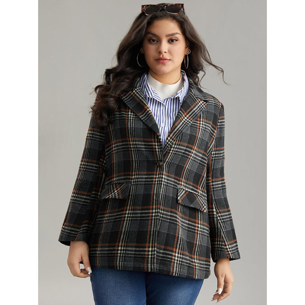 Plus Size Plaid Contrast Pocket Button Up Blazer Women Black Casual Contrast Ladies Dailywear Winter Coats BloomChic 18-20/2X Product Image