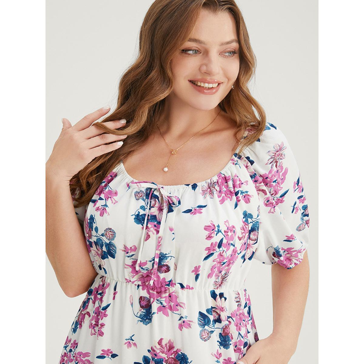 Plus Size Floral Puff Sleeve Pocket Knot Front Scoop Neck Flutter Dress White Women Elegant Lined Scoop Neck Short sleeve Curvy Midi Dress BloomChic 18-20/2X Product Image
