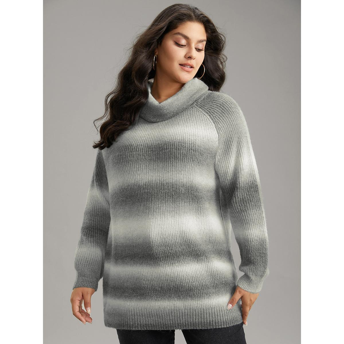 Plus Size Turtleneck Ombre Heather Raglan Sleeve Pullover Gray Women Casual Loose Long Sleeve Turtleneck Dailywear Pullovers BloomChic 14-16/1X Product Image