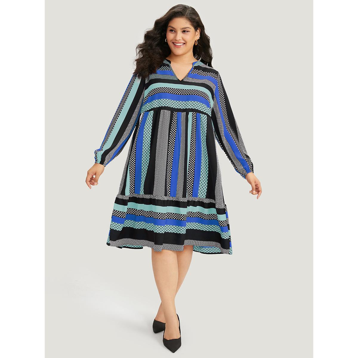 Plus Size Polka Dot & Striped Print Notched Pocket Dress Aegean Women Office Elastic cuffs Notched collar Long Sleeve Curvy Midi Dress BloomChic 26/4X Product Image