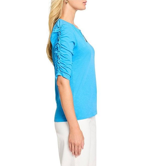 NIC + ZOE Cotton Knit Slub Split V-Neck Short Ruched Sleeve Tee Shirt Product Image