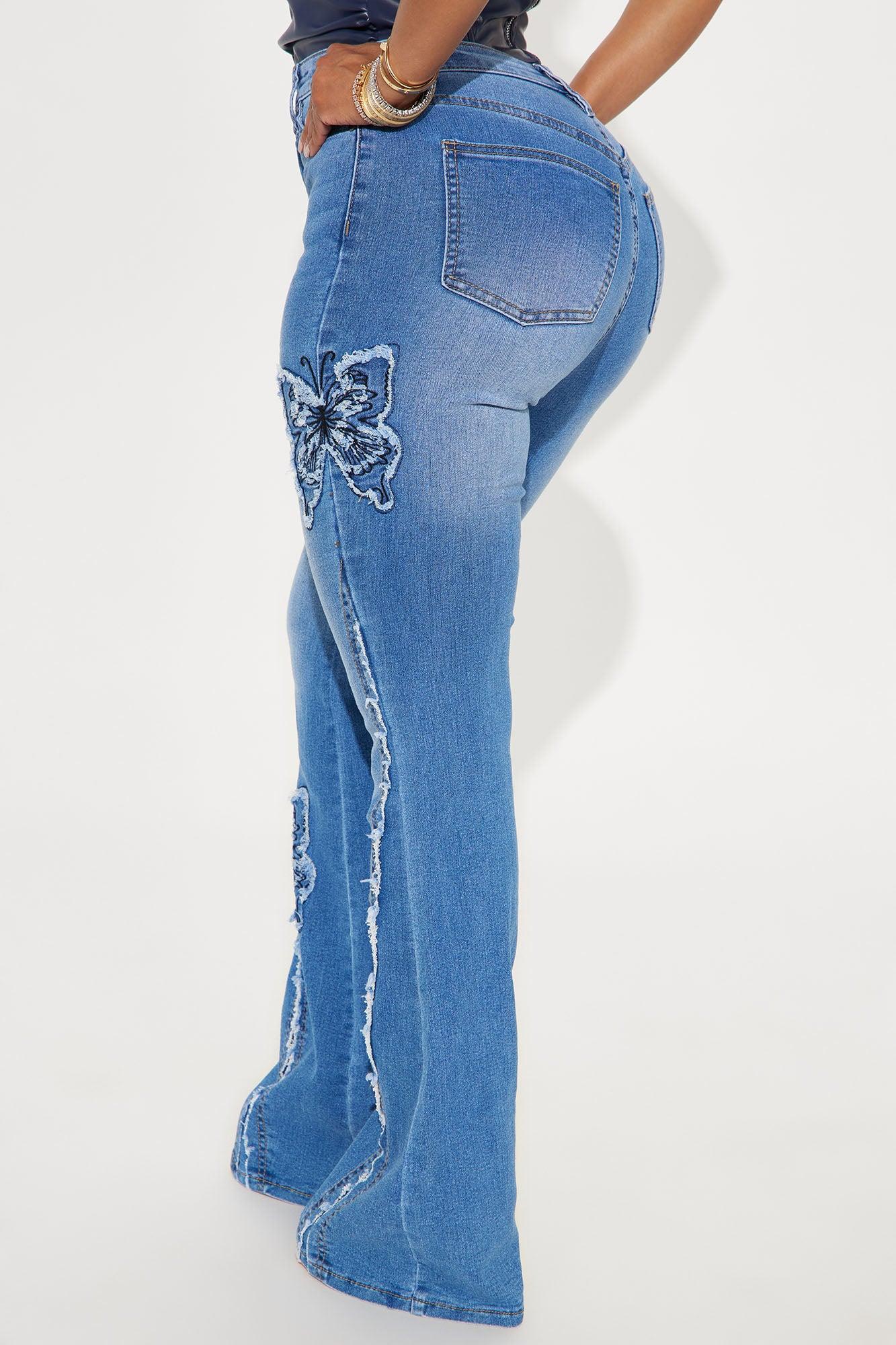 Fluttering Butterfly Embroidered Flare Jeans - Medium Wash Female Product Image