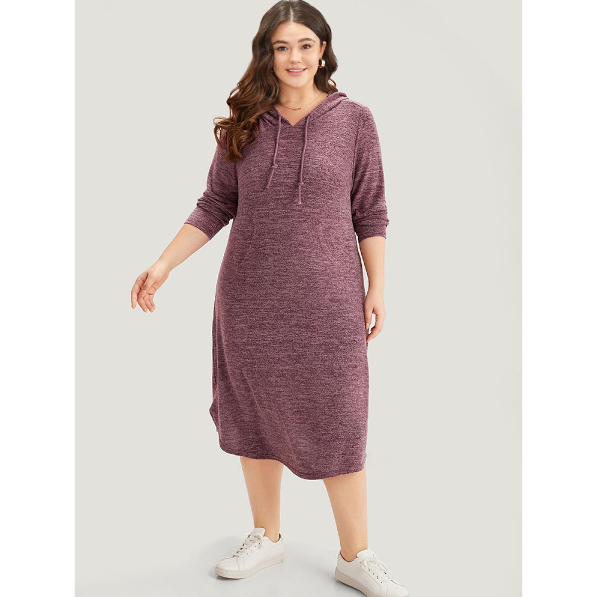Plus Size Plain Heather Pocket Split Hem Hooded Dress Burgundy Women Casual Plain Hooded Long Sleeve Curvy Midi Dress BloomChic 14-16/1X Product Image