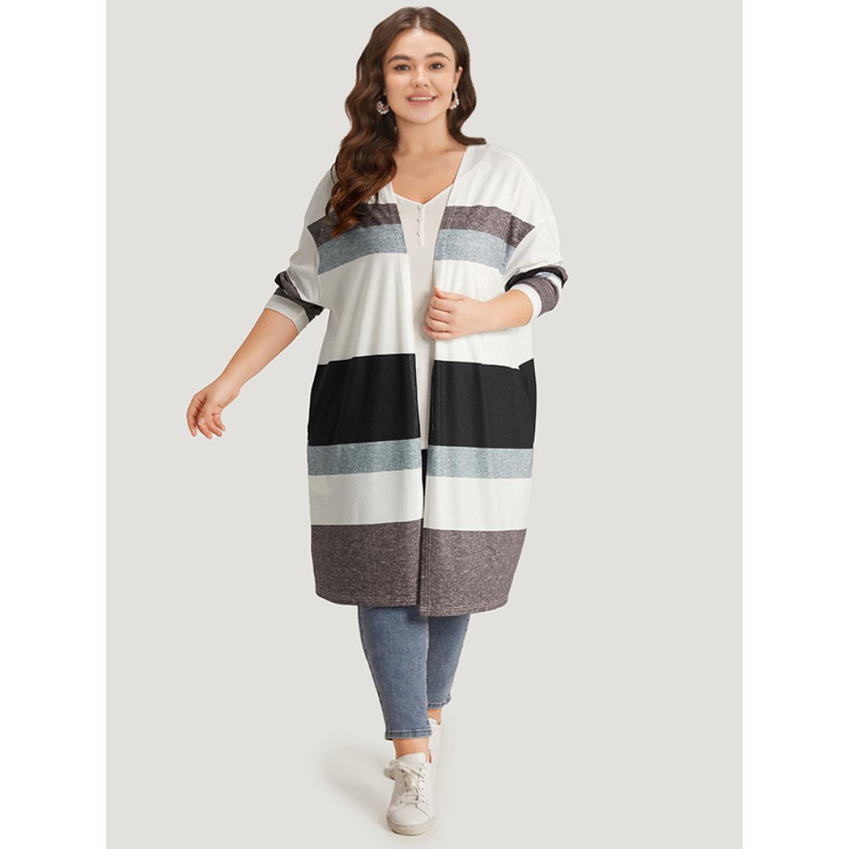 Plus Size Striped Contrast Pocket Open Front Kimono Women Multicolor Casual Contrast Loose Pocket Everyday Kimonos BloomChic 18-20/2X Product Image