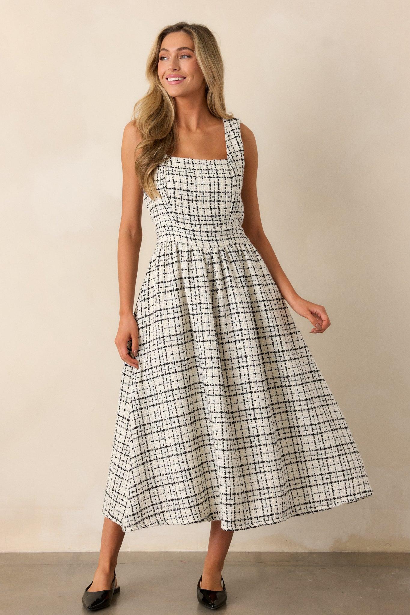 Runaway Hearts White & Black Tweed Midi Dress Product Image