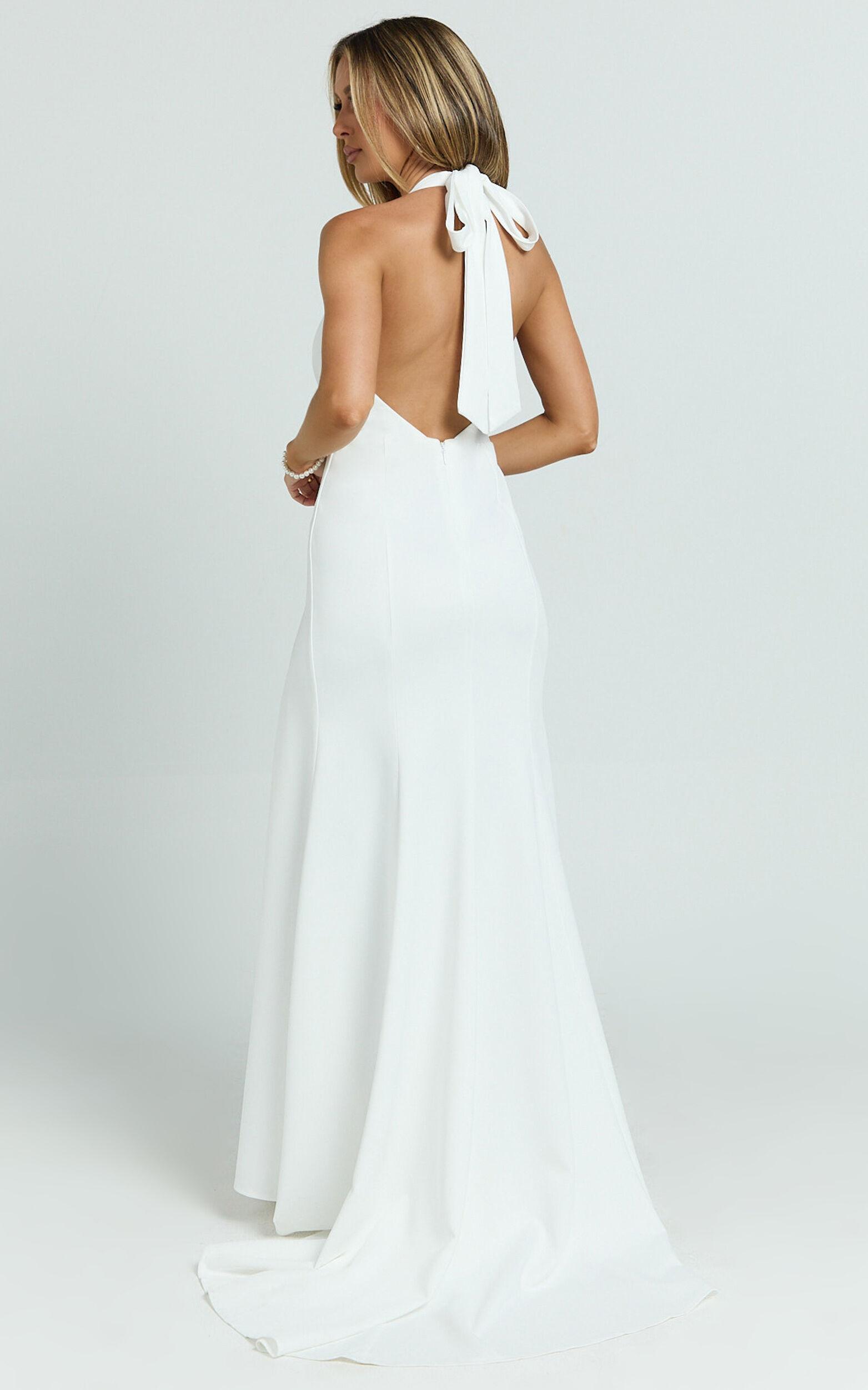 Miranda Maxi Dress - Plunge Halter Fit And Flare Dress in Off White Product Image