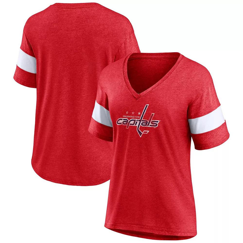 Women's Fanatics Heather Red Washington Capitals Distressed Tri-Blend V-Neck Half-Sleeve T-Shirt,  Product Image