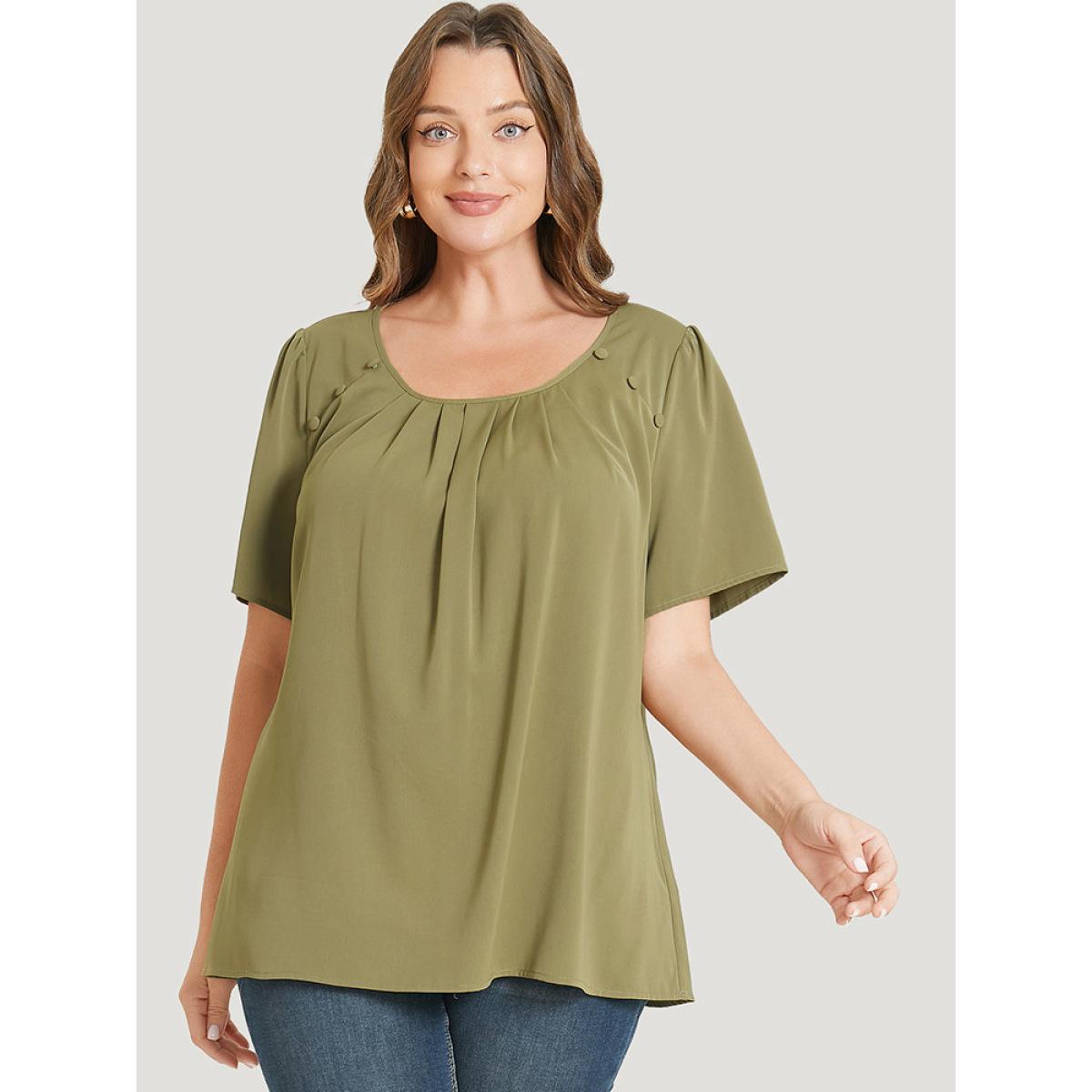 Plus Size SpringGreen Solid Pleated Button Detail Blouse Women Office Short sleeve Round Neck Office Blouses BloomChic 10/M Product Image