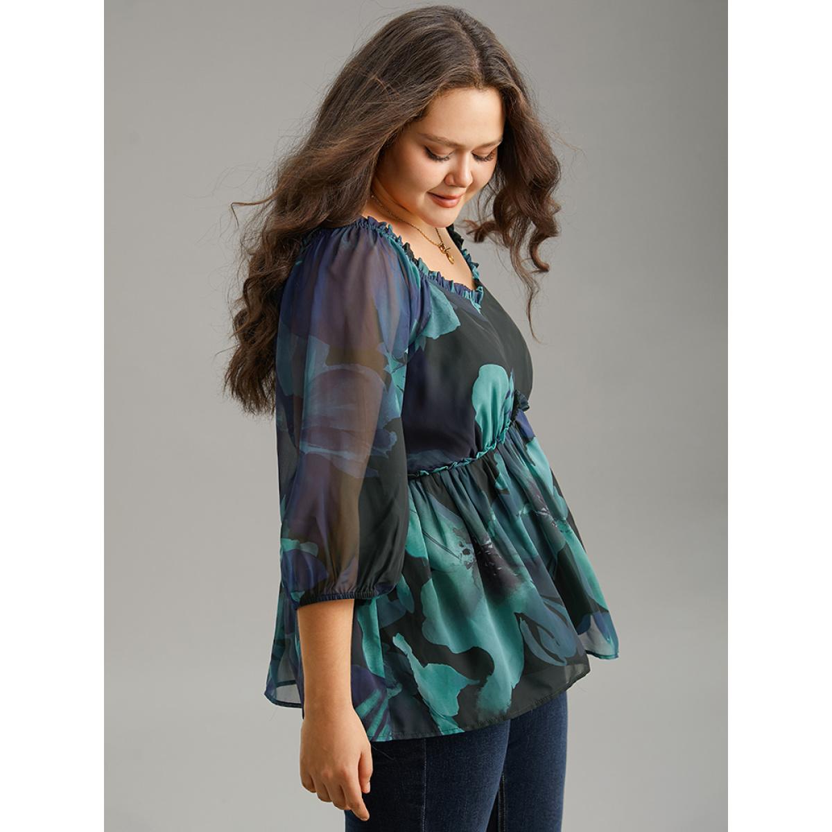 Plus Size Cyan Square Neck Floral Frill Trim Mesh Ruffles Blouse Women Elegant Elbow-length sleeve Square Neck Dailywear Blouses BloomChic 14-16/1X Product Image