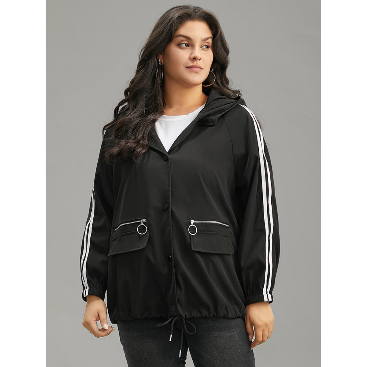 Plus Size Halloween Contrast Trim Zipper Drawstring Button Up Coat Women Black Casual Elastic cuffs Ladies Dailywear Winter Coats BloomChic 14-16/1X Product Image