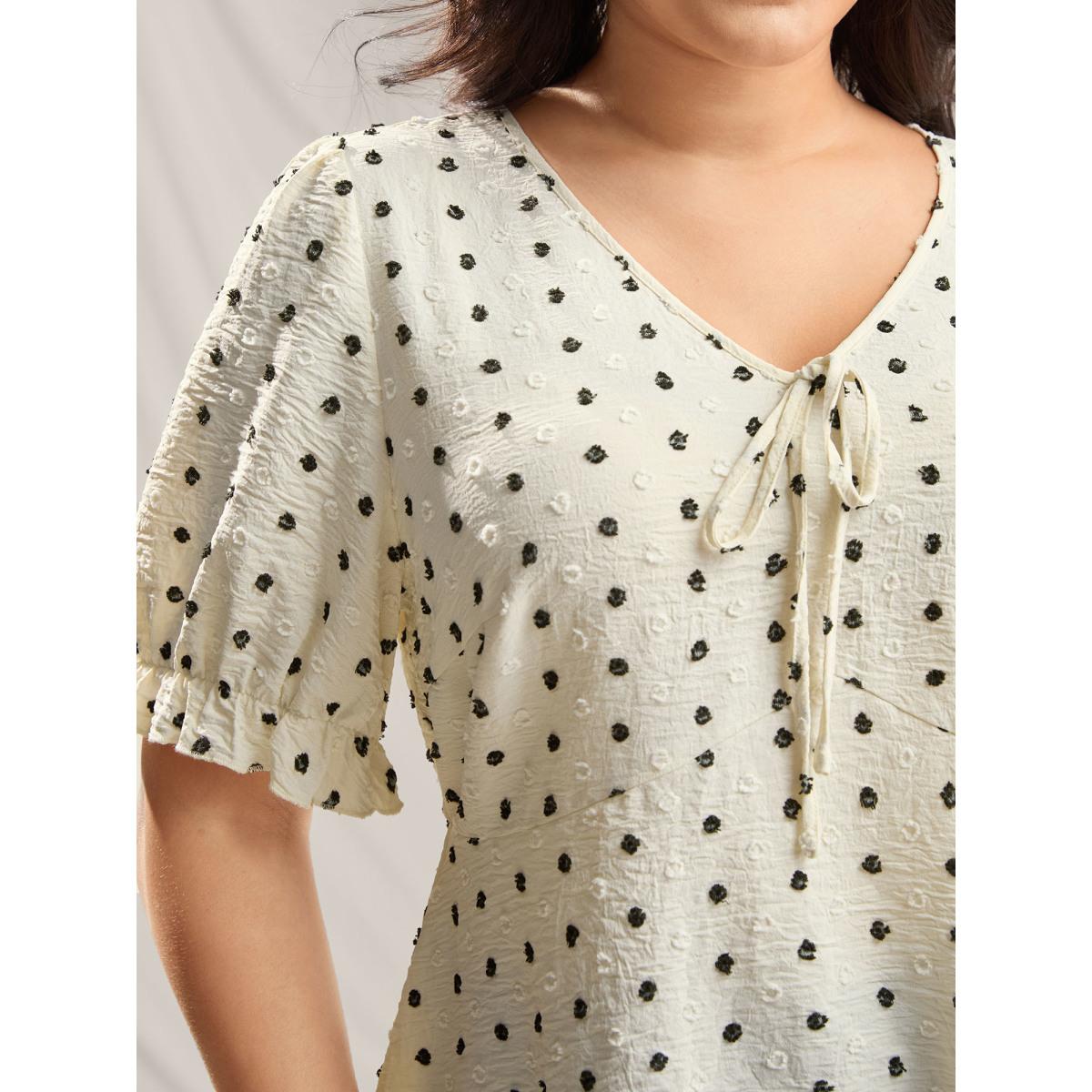 Plus Size Ivory Polka Dots Print Neck Tie Blouse Women Short sleeve V-neck Everyday-Elegant Blouses BloomChic 12/L Product Image