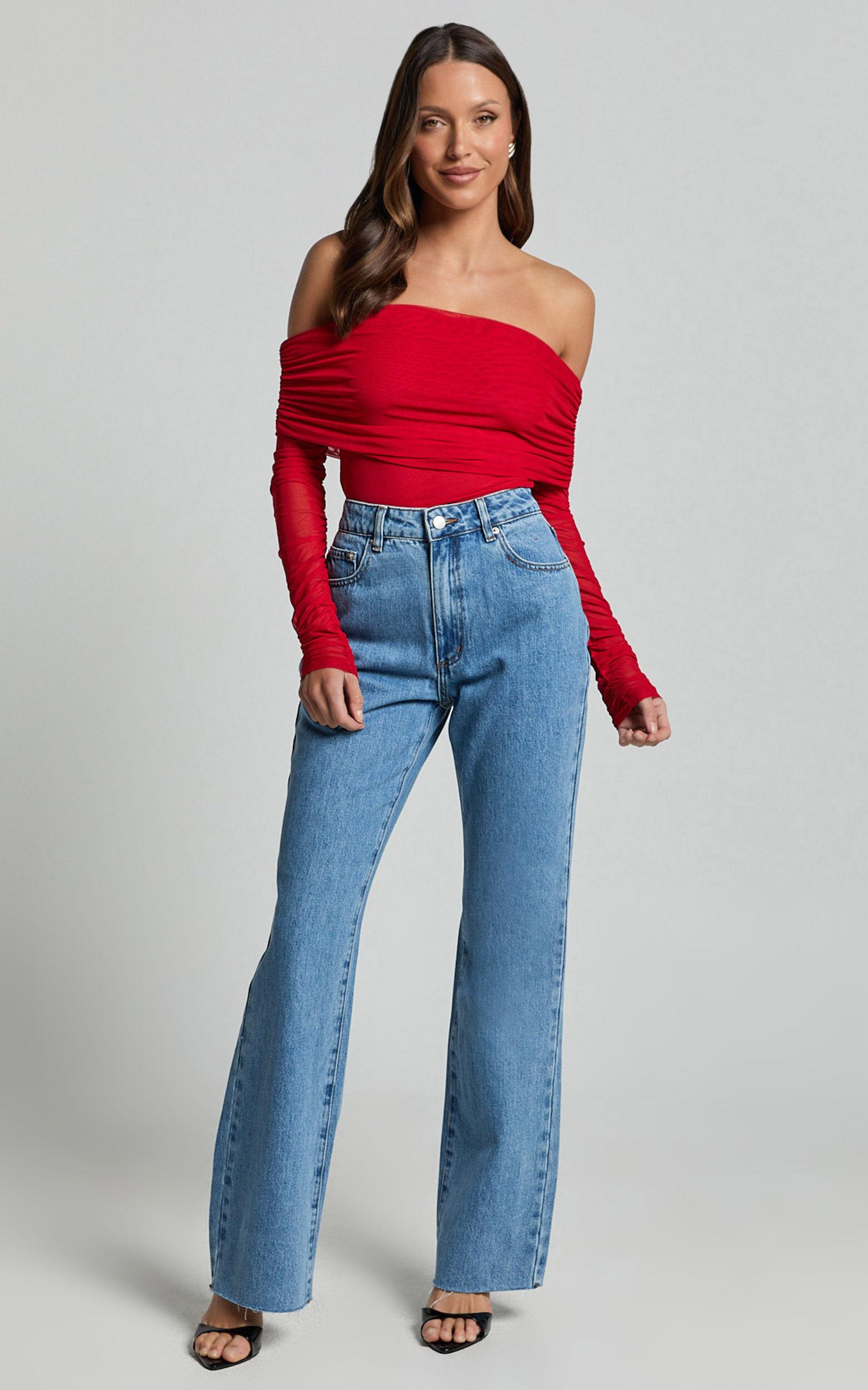 Jaythen Bodysuit - Long Sleeve Off Shoulder Ruched Mesh Bodysuit in Red Product Image