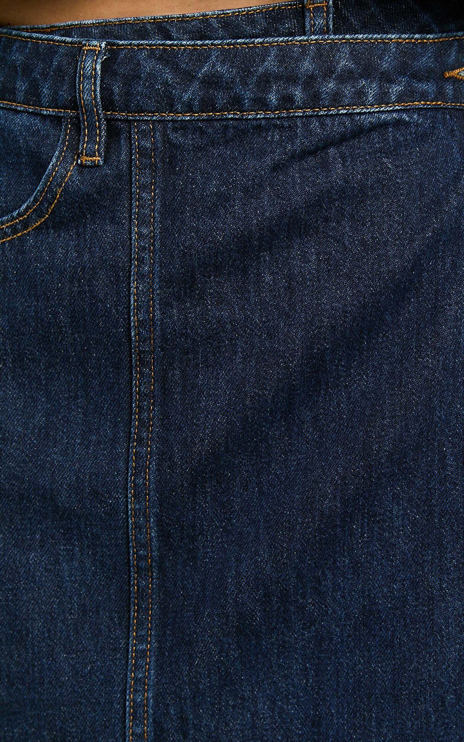 Katherine Mini Skirt - Cross Front Recycled Denim Skirt in Dark Blue Wash Product Image