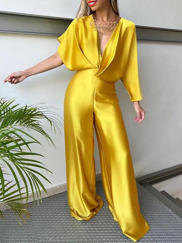 Asymmetric Solid Color Deep V-Neck Jumpsuits Product Image
