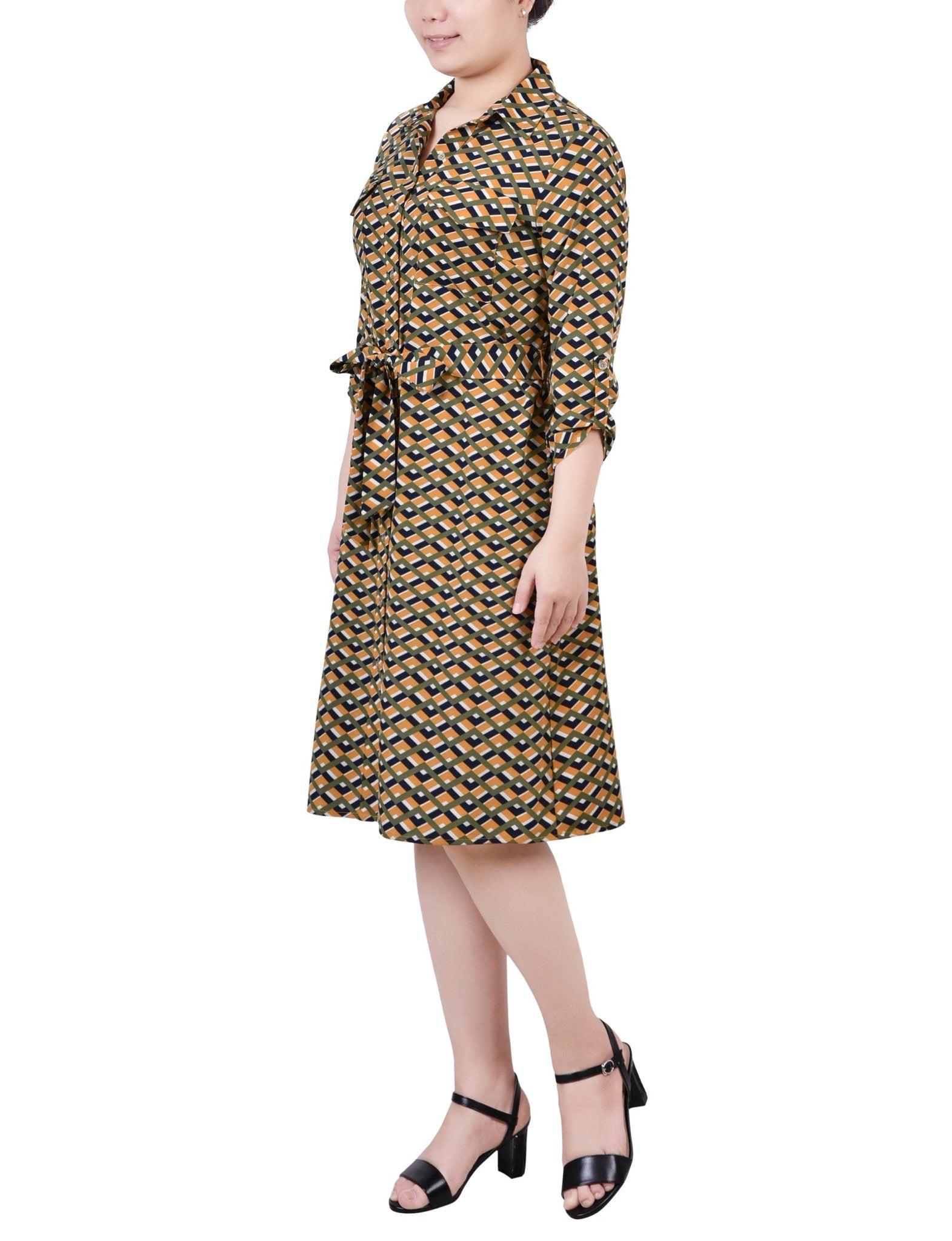Cypress Inca Gold Navy Zigzag 3/4 Roll Tab Sleeve Belted Shirtdress - Petite Product Image