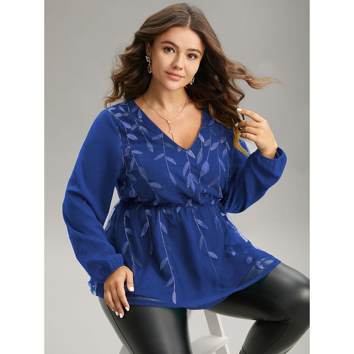 Plus Size Blue Leaves Embroidered Sequin Tiered Mesh Blouse Women Glamour Long Sleeve V-neck Party Blouses BloomChic 26/4X Product Image